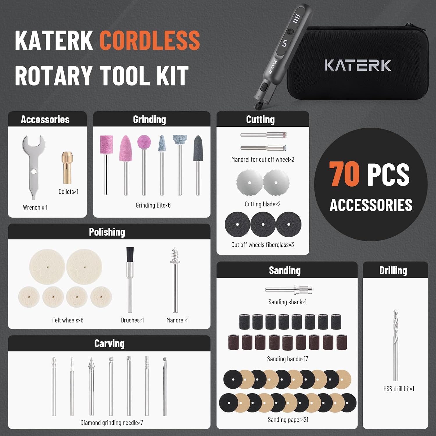 Katerk 3.7V Mini Cordless Rotary Tool Kit with 70 Accessories