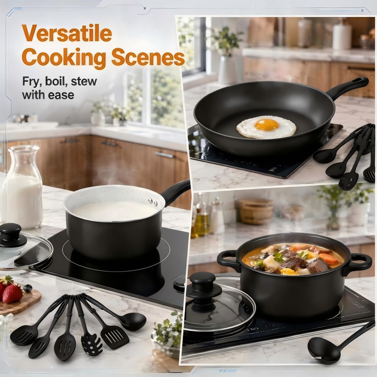 12-Piece Non-Stick Maifan Stone Cookware Sets with Pots, Pans & Lids Set