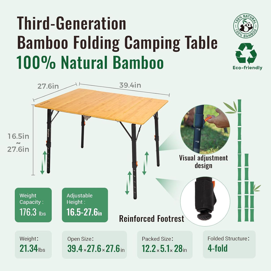 KingCamp Bamboo Folding Camping Table with Adjustable Height