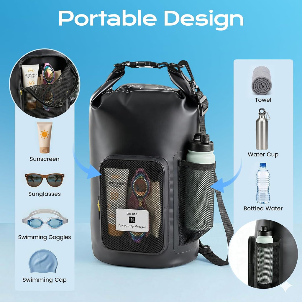 Rynapac 10L Waterproof Dry Bag with Bottle Holder & Mesh Pocket, 500D PVC Tarpaulin Roll Top Dry Sack with Inner Waterproof Adsorption Film, Dry Storage Bag for Kayaking, Boating, Beach, Camping