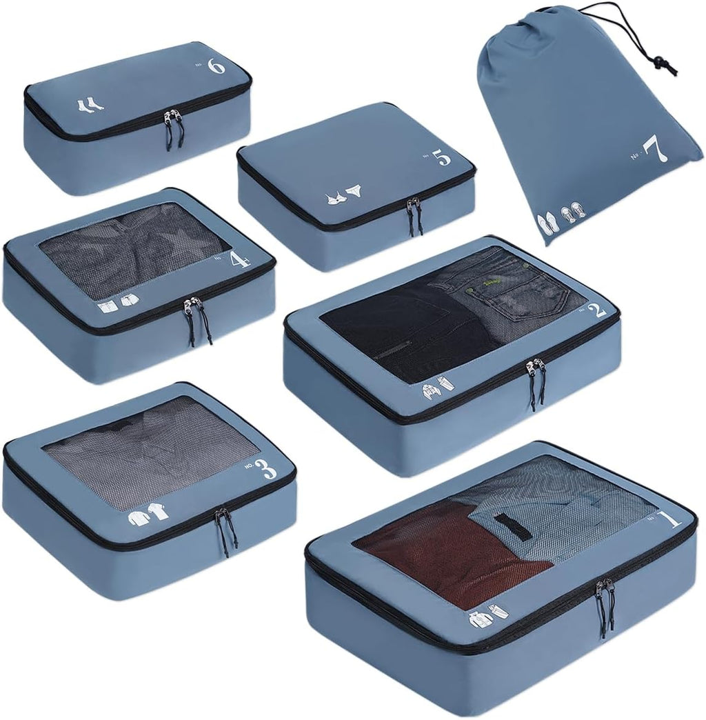 ECOHUB 7 Set Packing Cubes Tear-Resistant Luggage Packing Organizers with Number Icon for Travel Accessories Luggage Suitcase Machine Washable Packing Cubes (Blue)