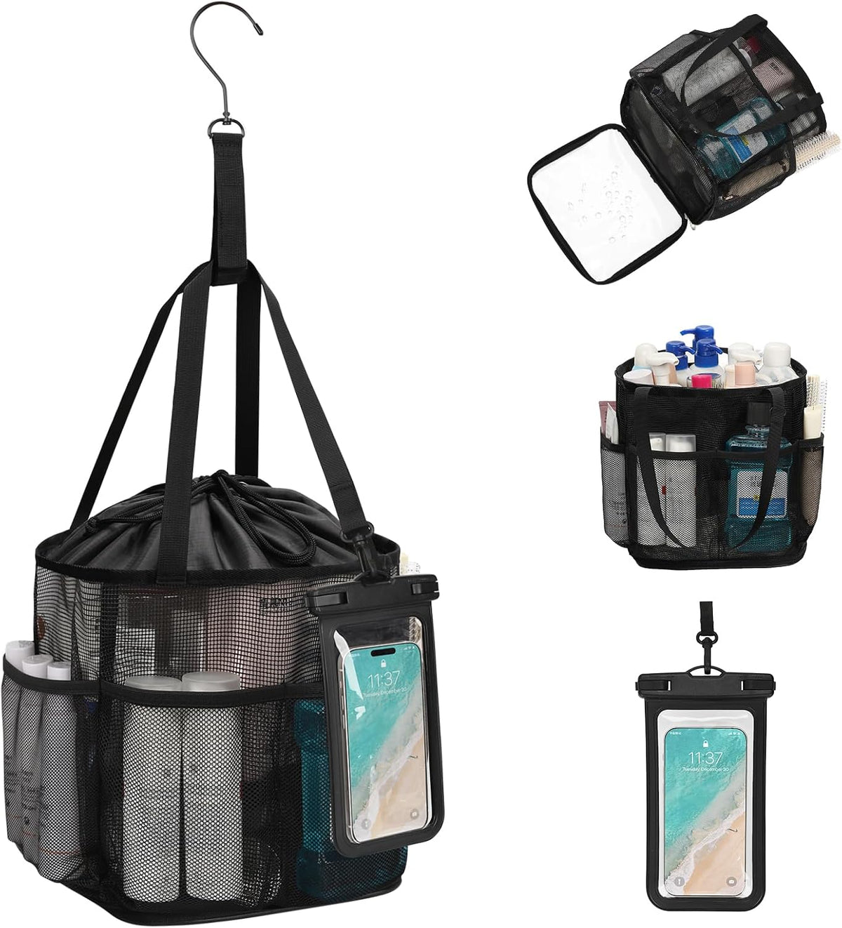 Mesh Shower Caddy Portable for College Dorm Room Essentials, Hanging Shower Caddy with Waterproof Phone Pouch, Large Capacity Shower Bag Basket Tote for Bathroom, Gym, Camping, Swimming, Beach, Black