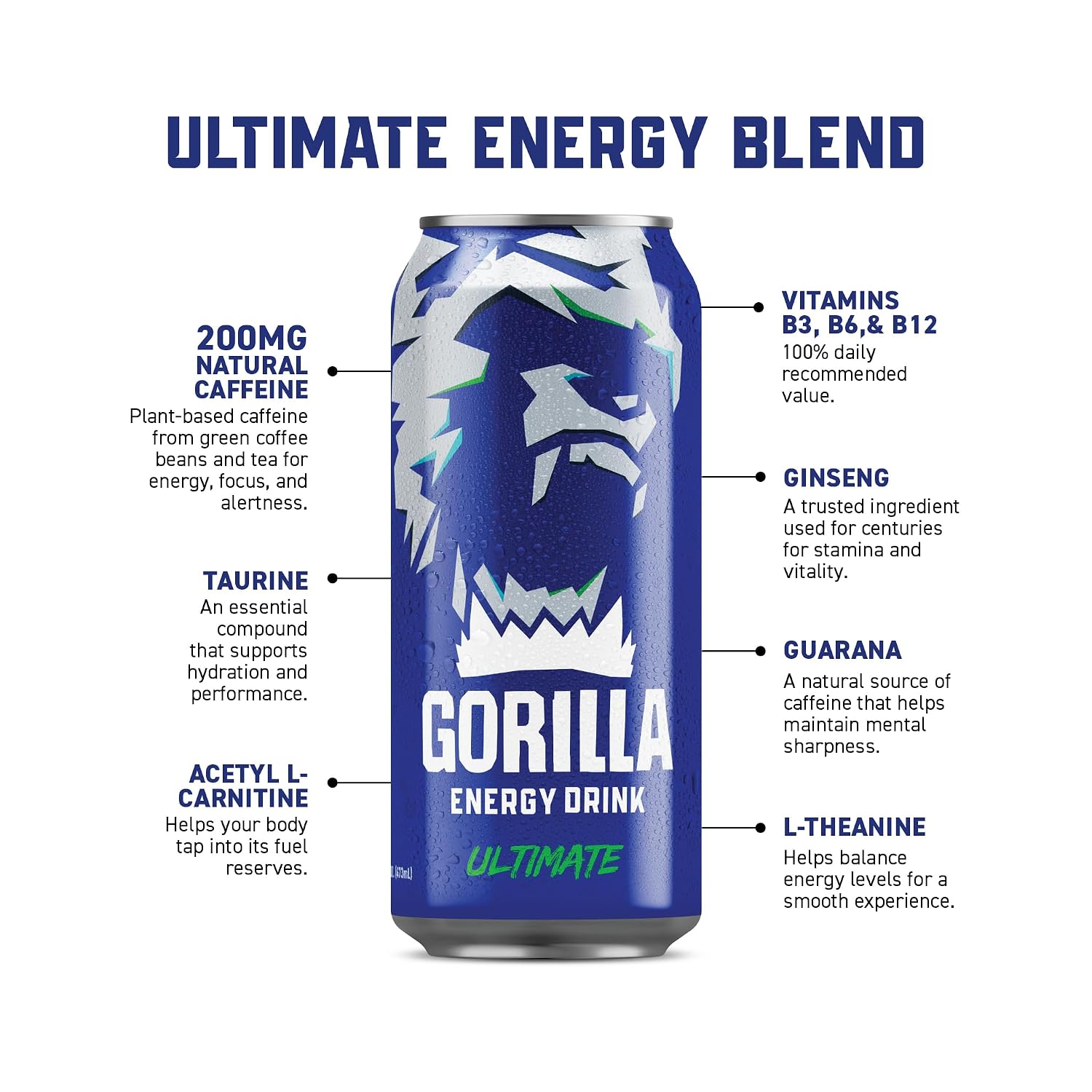 Gorilla Energy Drink, Original 0 Sugar, 200mg Plant-Based Caffeine, 12 Pack