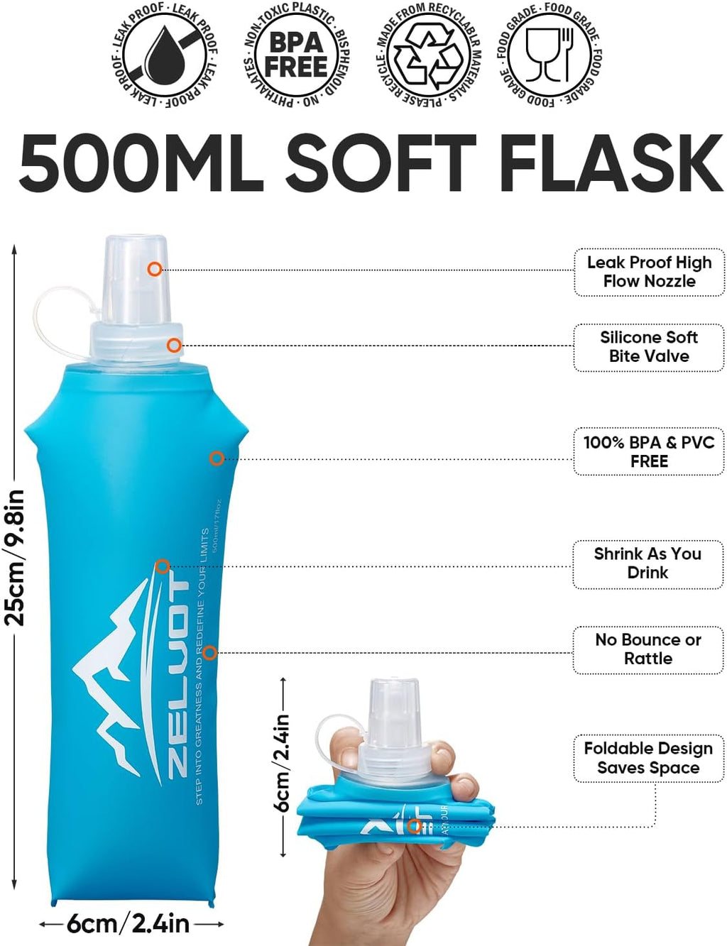 Zelvot 2 Pack Running Vest Collapsible Water Bottle, TPU 500ml Soft Flask