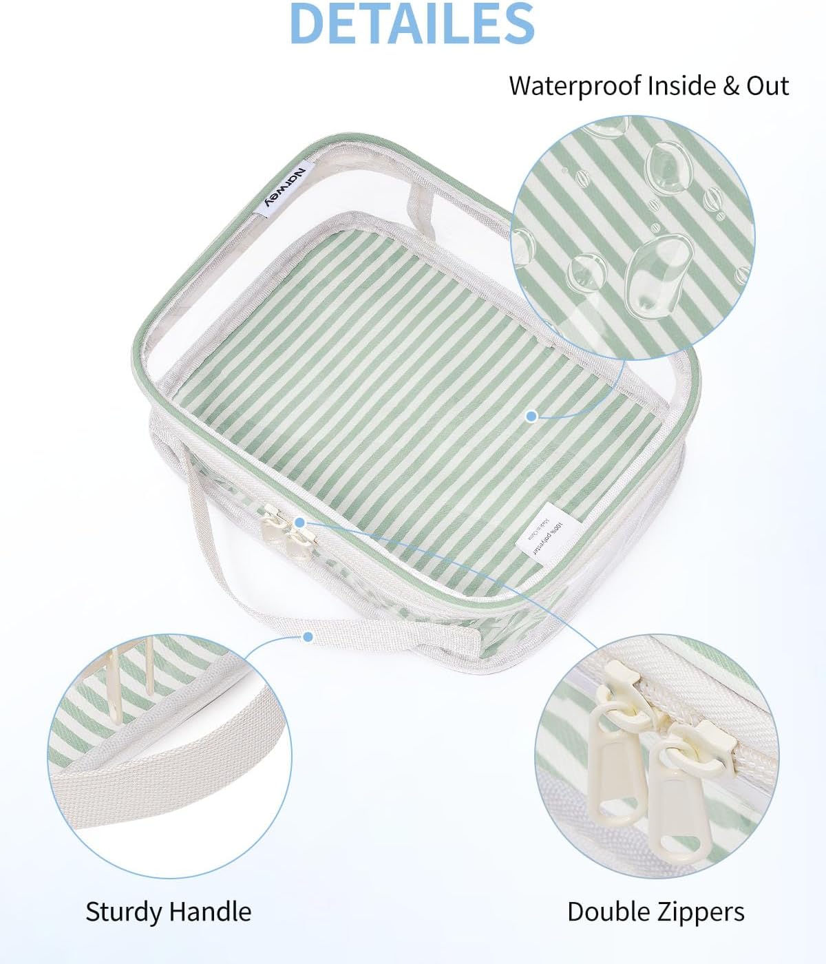 Narwey TSA Approved Clear Toiletry Bag for Travel, Waterproof PVC Clear Makeup Bags, Portable Compact Cosmetic Bag Make Up Organizer, Airport Airline Quart Size Compliant Bag (Mint Green Stripe)