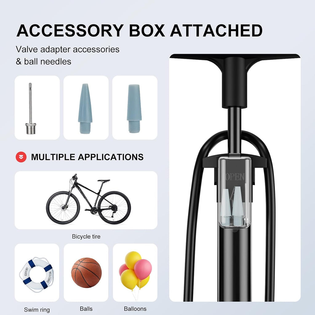 Bike Pump, 25” Height Full Size Bicycle Pump with 160 PSI High Pressure, Bike tire Pump with Presta and Schrader Valve, Bike Air Pump for Bike Tires, Balls and Swimming Ring,Bike Pumps with Psi Gauge