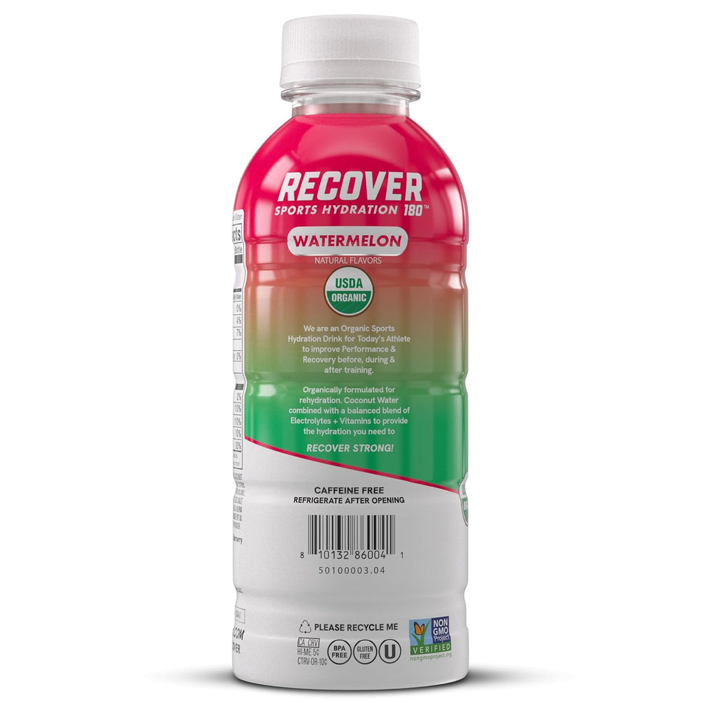 RECOVER 180 Organic Sports Hydration Drink, No Sugar Added, 20 Calorie Sports Beverage, Organic Flavors With Vitamins, Potassium-Packed Electrolytes (16.9 Fl Oz (Pack of 12), Watermelon)