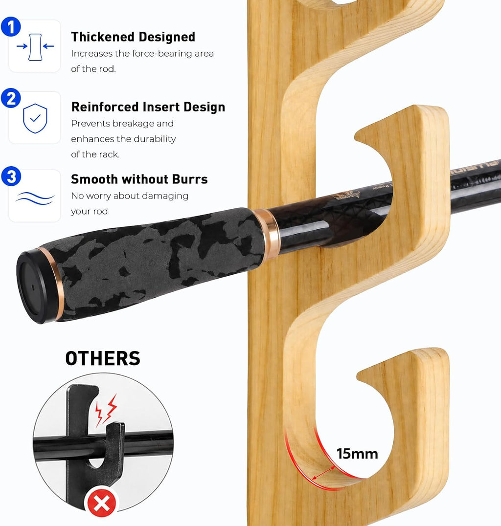 PLUSINNO H5W Solid Wood Fishing Rod Holder, Horizontal Wall & Ceiling Mount Fishing Pole Holders for Garage Storage, Holds 5Rods, Combos and Fishing Nets（Natural Wood,1pack）