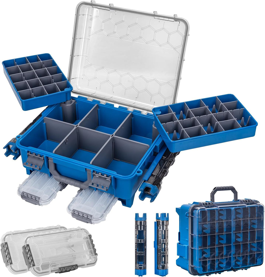THKFISH Waterproof Double Side Tackle Box, Portable Storage Box with 2 Pack 3500 Stowaway Boxes & Rod Holders, Fishing Lure Organizer YellowPink/Green/Blue/Grey (L-Yellow)
