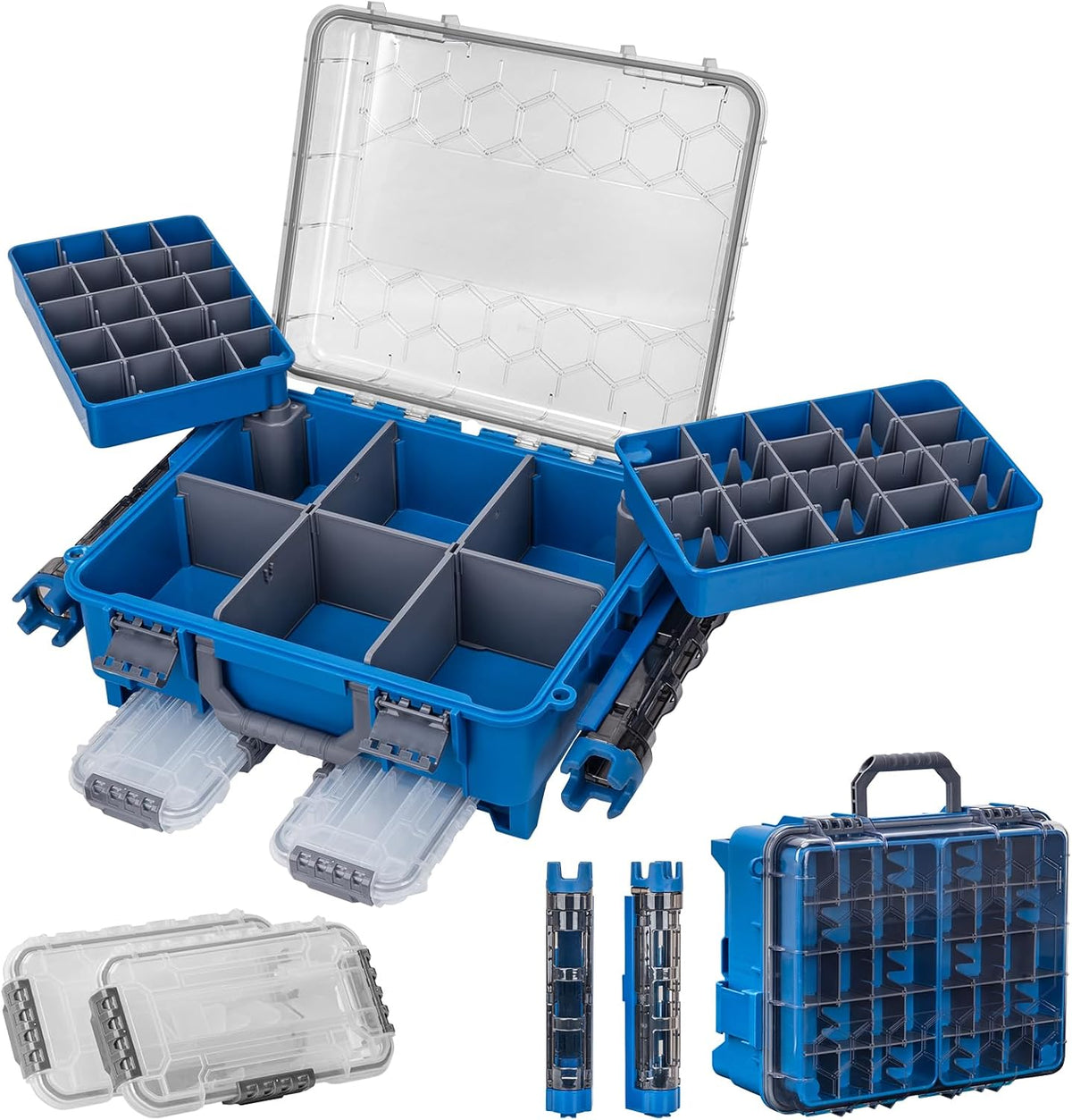 THKFISH Waterproof Double Side Tackle Box, Portable Storage Box with 2 Pack 3500 Stowaway Boxes & Rod Holders, Fishing Lure Organizer YellowPink/Green/Blue/Grey (L-Yellow)