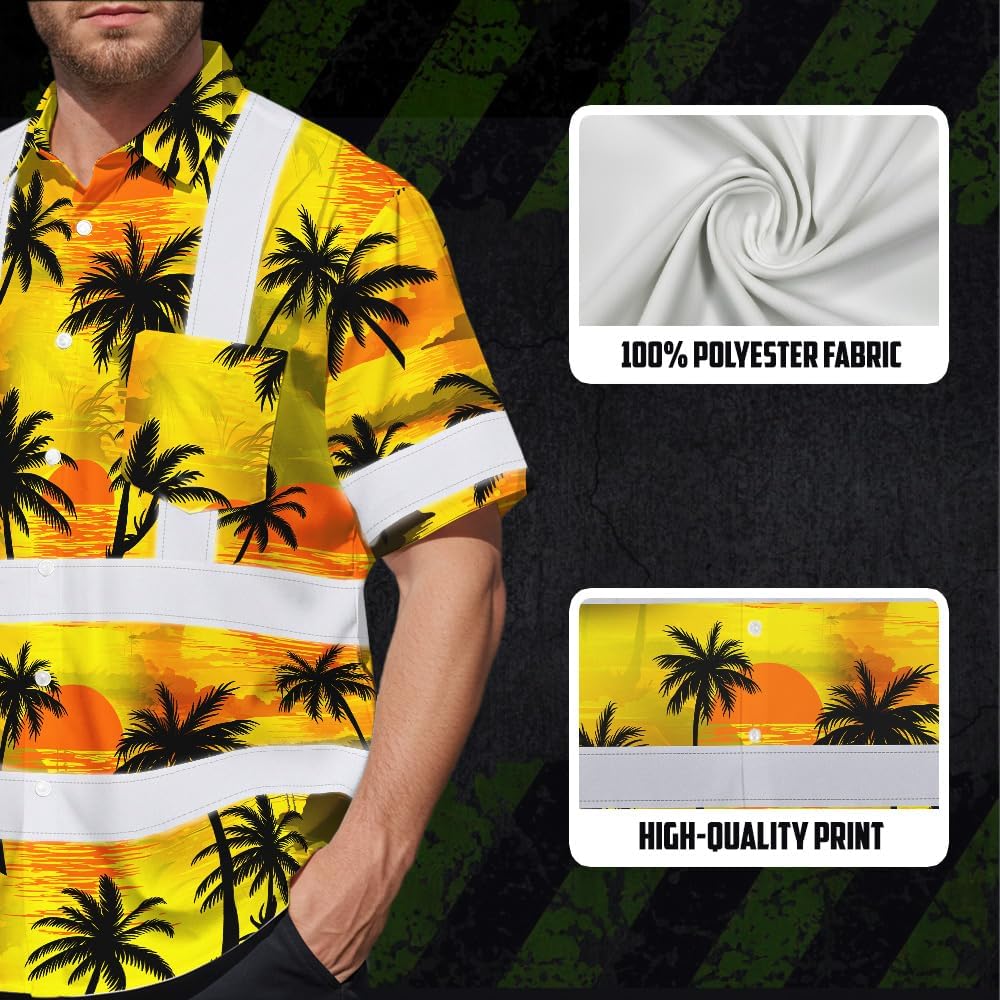 High Visibility Hawaiian Shirt for Men Tropical Shirts Custom Name Floral Outfit Reflective Safety Workwear