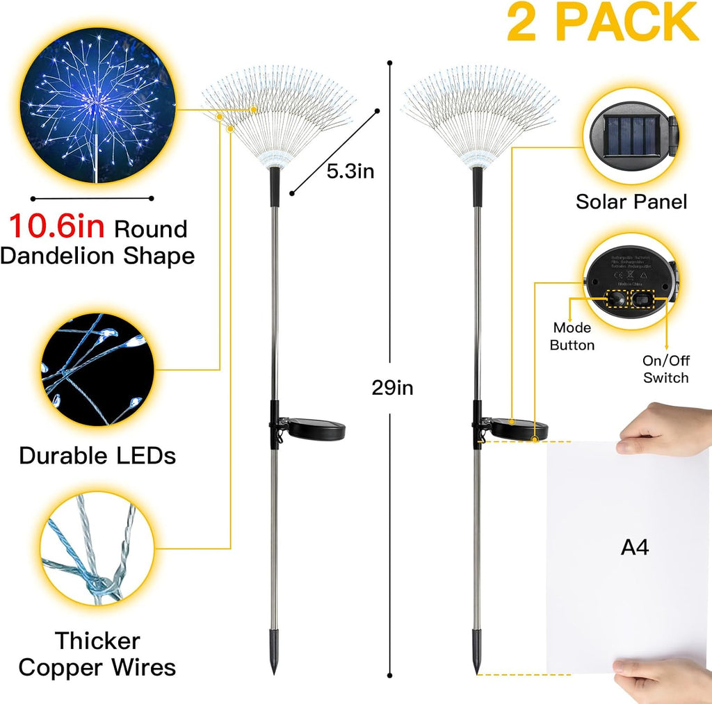 suddus Solar Garden Lights Outdoor Waterproof Decorative, 2Pack 150LED Firework Lights, Solar Fairy Lights for Yard, Garden, Party, Patio, Pathway, Flowerbed - Blue