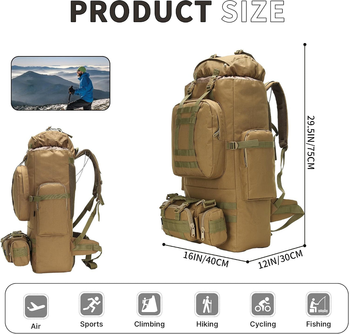 King'sGuard 100L Camping Hiking Backpack Molle Rucksack Military Camping Backpacking Daypack