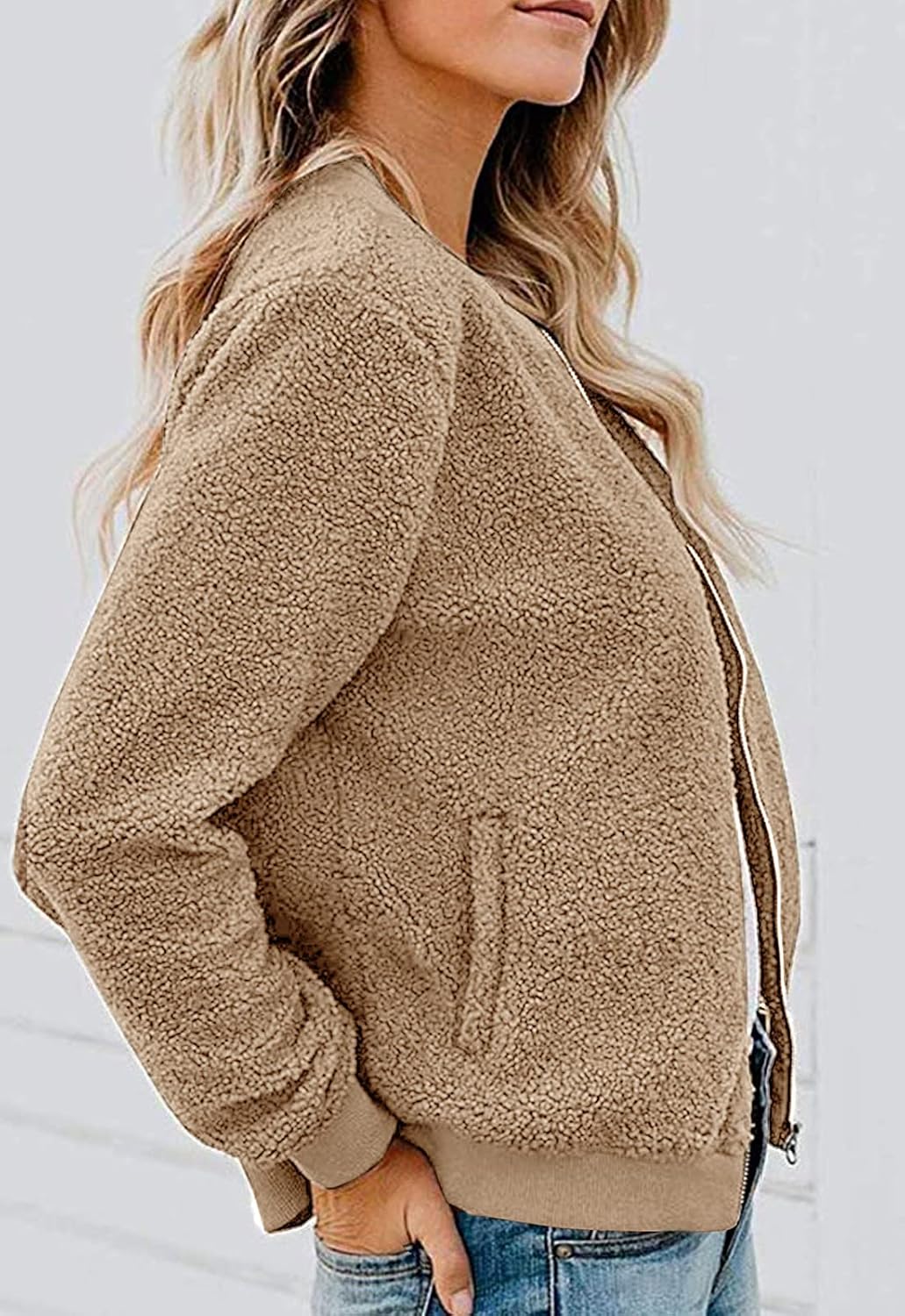 MIROL Women's Fall Fleece Bomber Jacket Trendy Sherpa Winter Coat Fuzzy Casual Long Sleeve Zip Up Loose Fit Jackets