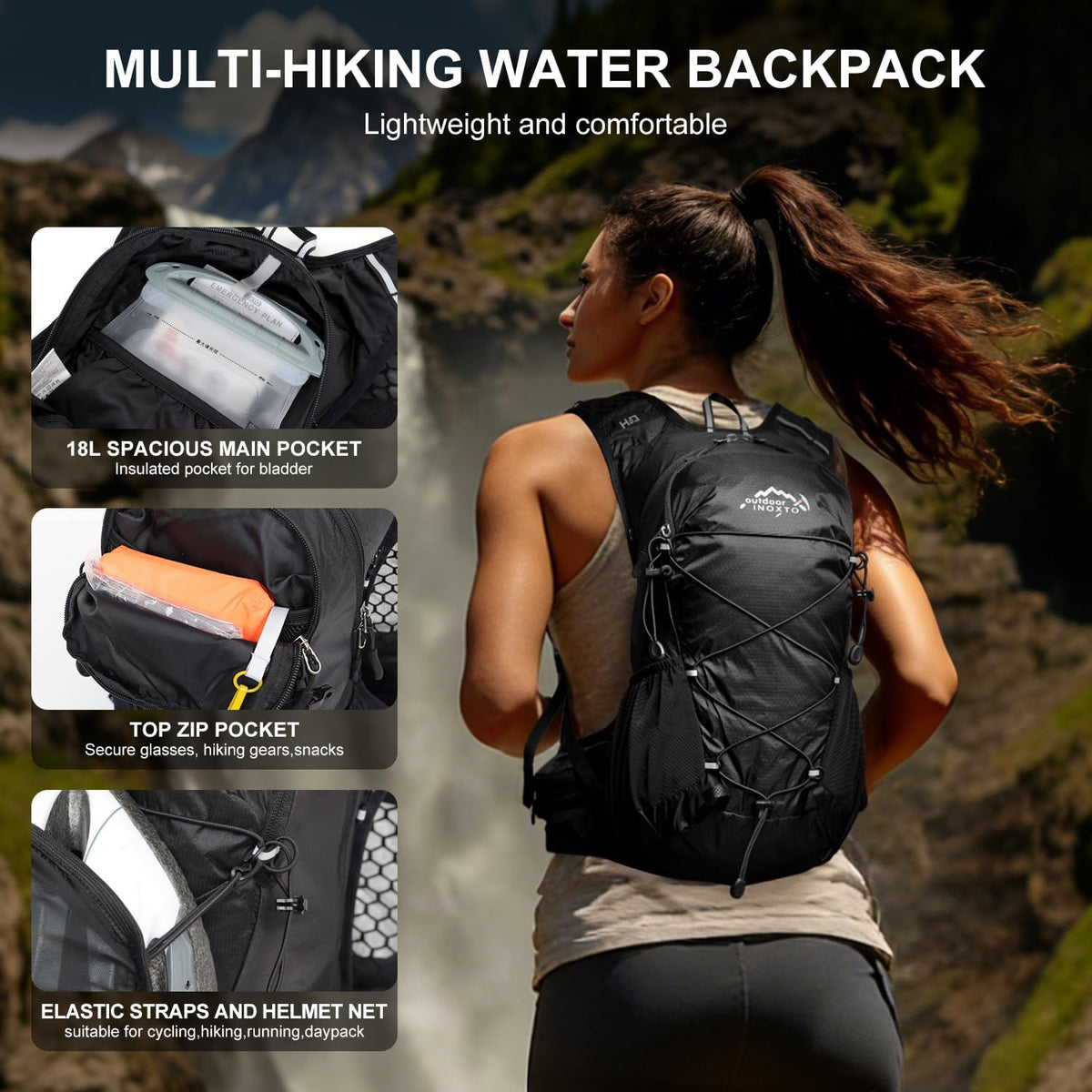 IX INOXTO Hydration Backpack, 18L Lightweight Hiking Backpack with 2L Water Bladder Daypack Women Men, Water Backpack Insulated Hydration Pack for Hiking, Running, Festival, Cycling