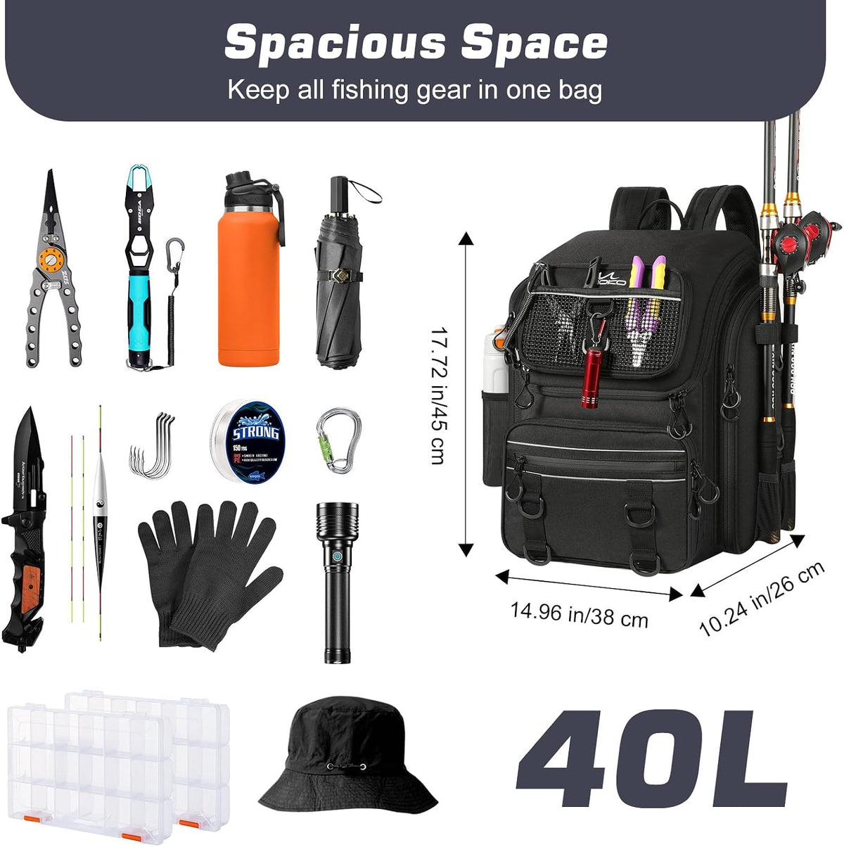 MoKo Large 40L Fishing Tackle Backpack with Rod Holders & Bait Binder