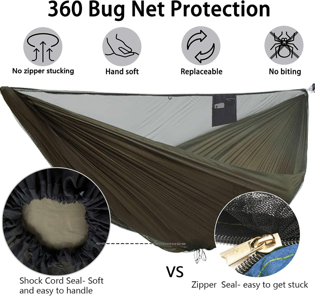 onewind 11ft Camping Double Hammock with Mosquito Net and Ridgeline, Brown