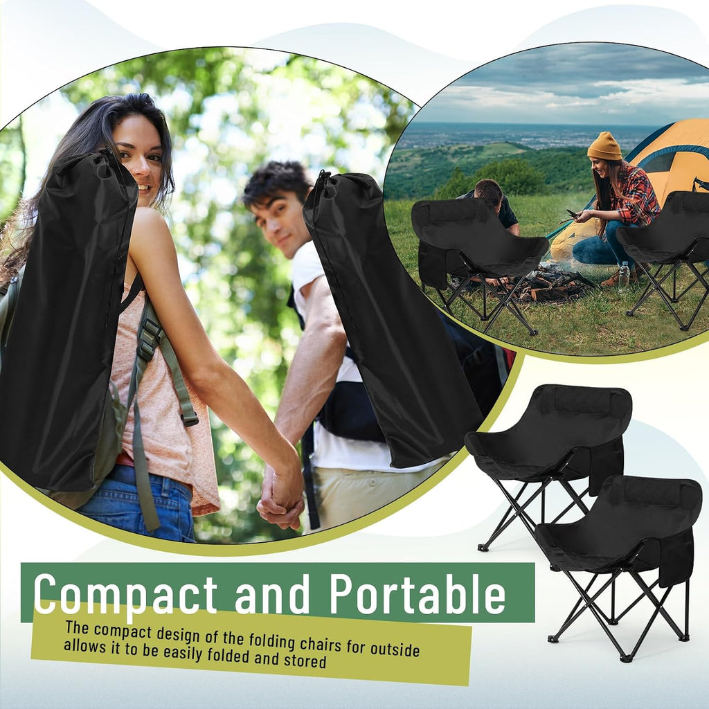 2 Pack Folding Camping Chairs Portable, Black, Solid Color