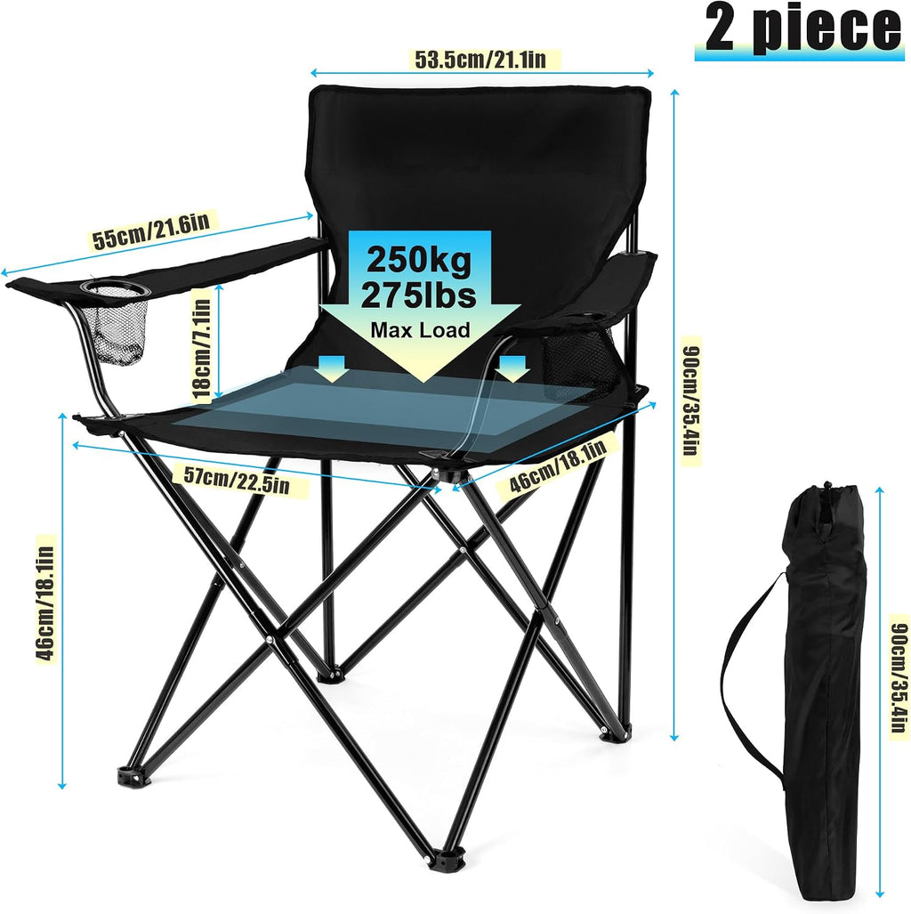 HaSteeL Large Camping Chairs for Adults, Black Folding Beach Chair Set of 2
