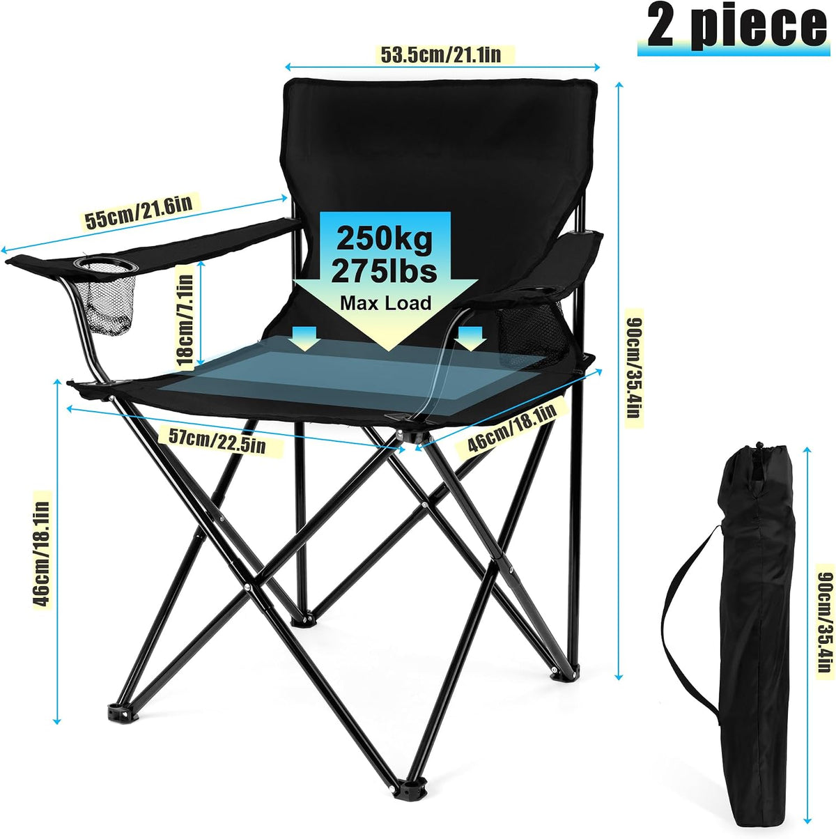 HaSteeL Large Camping Chairs for Adults, Black Folding Beach Chair Set of 2