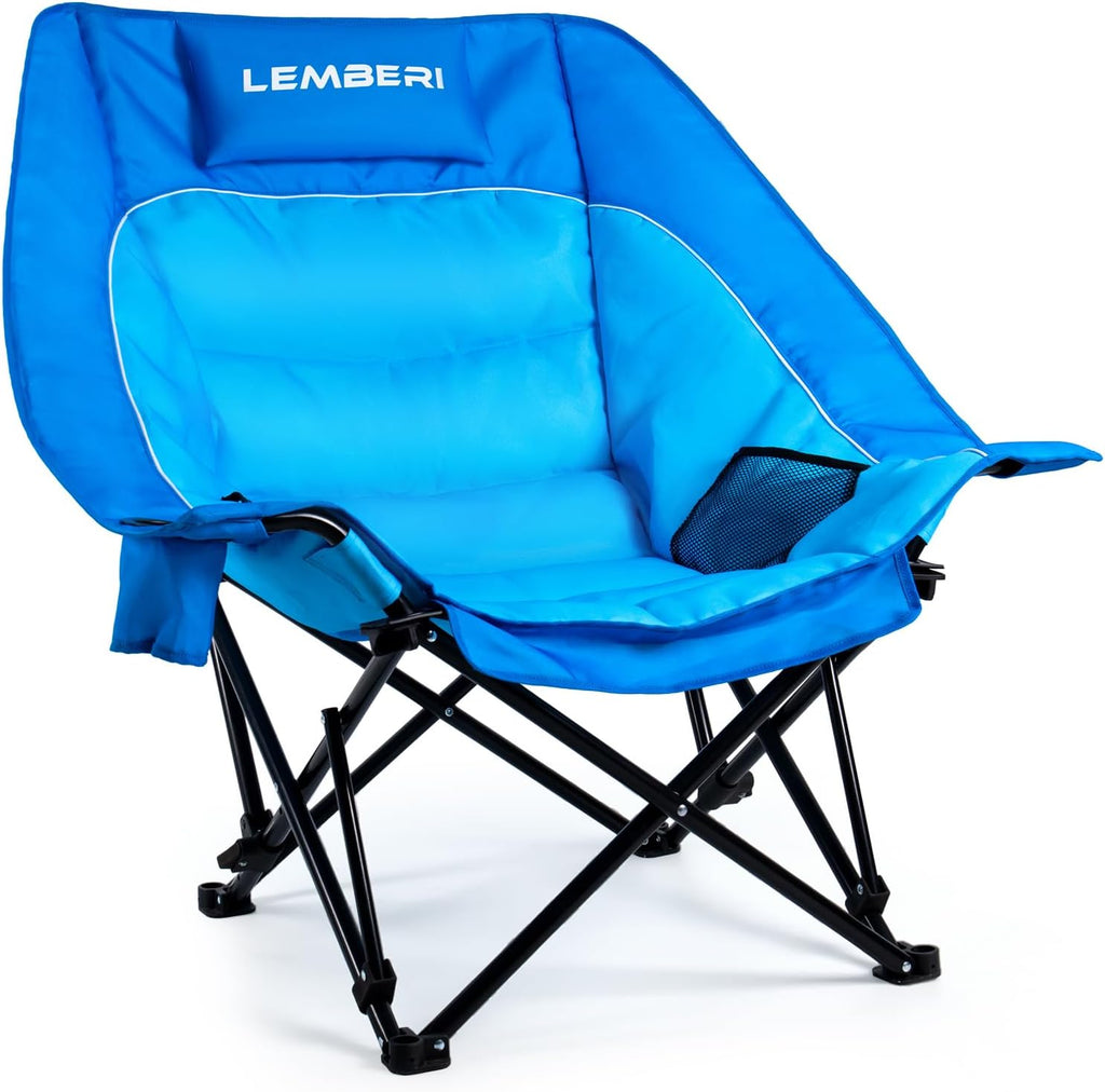 PRETZI Outdoor Oversized Camping Chair, Heavy Duty Support 500 LBS for Adults, Portable Folding Wide Lawn Chair with Headrest Support and Cup Holder, Low Camping Chair for Fishing, Garden, Grey