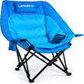 PRETZI Outdoor Oversized Camping Chair, Heavy Duty Support 500 LBS for Adults, Portable Folding Wide Lawn Chair with Headrest Support and Cup Holder, Low Camping Chair for Fishing, Garden, Blue