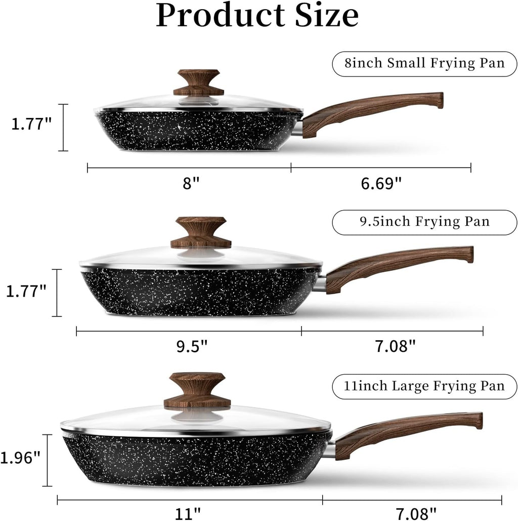 Innerwell Nonstick Ceramic Frying Pans Skillets Set with Lid 8"+9.5"+11"