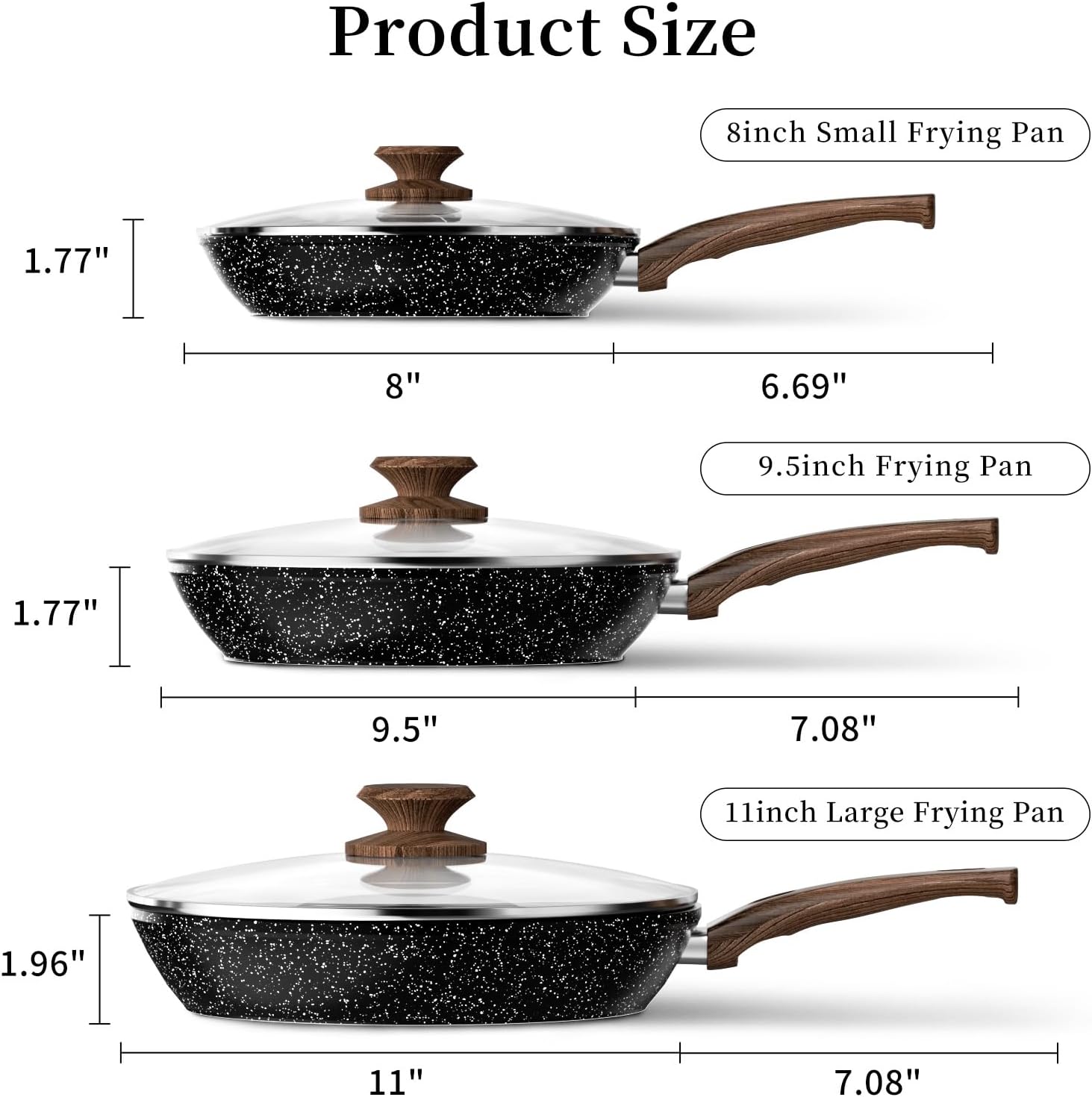 Innerwell Nonstick Ceramic Frying Pans Skillets Set with Lid 8"+9.5"+11"