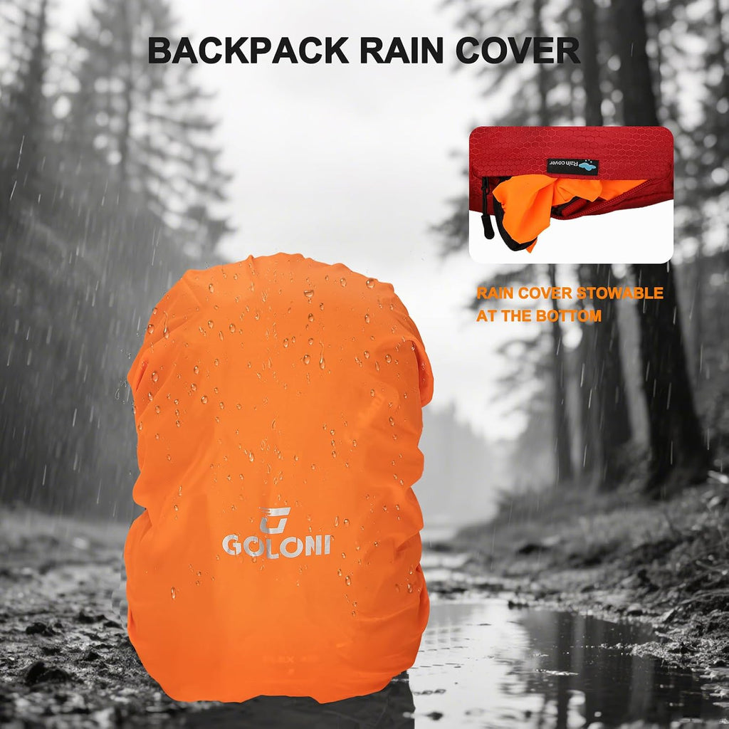 Goloni 45L Hiking Backpack Lightweight Foldable, Waterproof Camping Backpack with Rain Cover & Hiking Pole Mat Carrying System, Ergonomic Water Resistant Daypack for Trekking Travel Men Women Red
