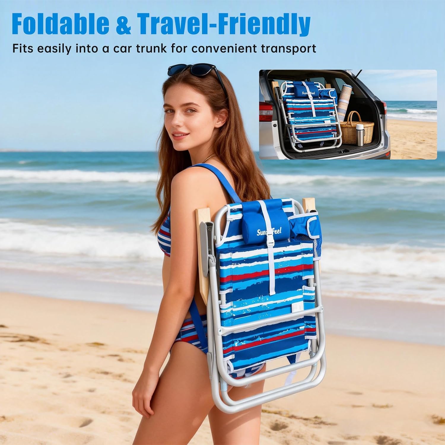 SUNNYFEEL Folding Beach Chair, Aluminum Heavy Duty Beach Chair with 5-Position, Portable Camping Chair for Adult, Low Back, Wood Armrest, Lightweight, 300lbs, Blue Stripe, 2 Pack