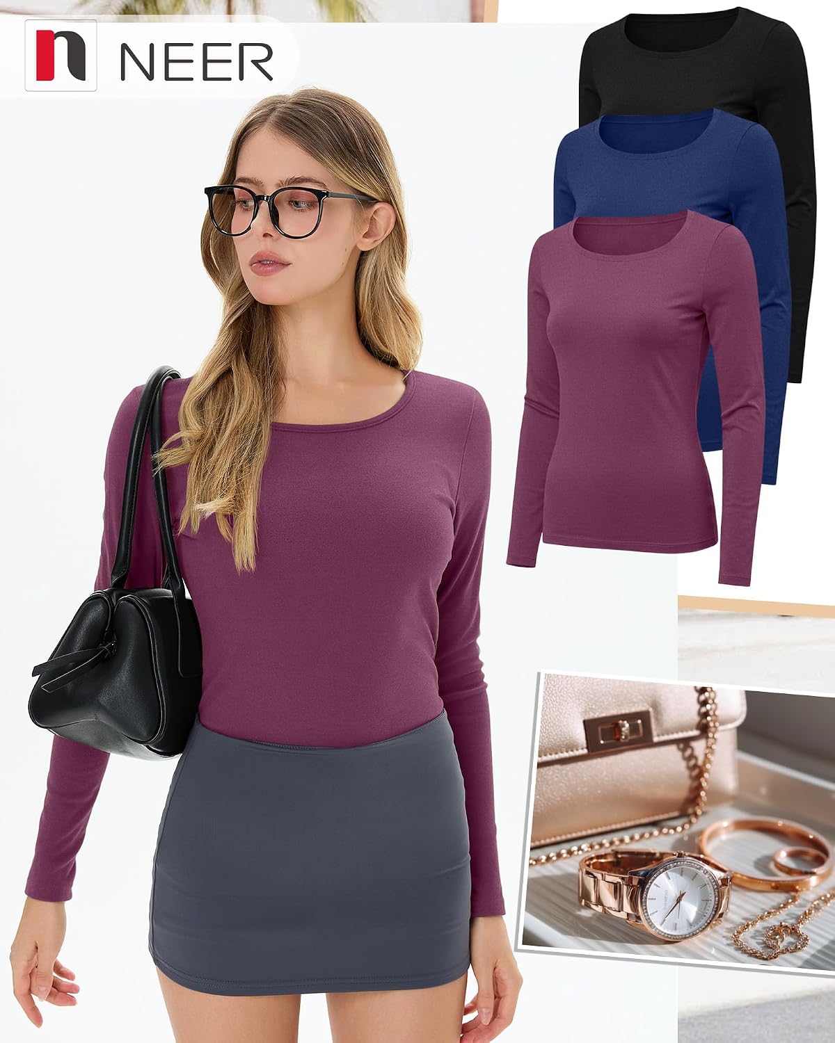 Neer 3 Pack Womens Thermal Shirts Crew Neck Fleece Lined Tops