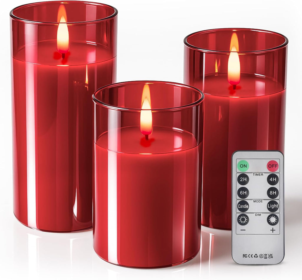 Tyawon Glass Battery Operated LED Flameless Candles with Remote and Timer, Real Wax Candles Warm Color Flickering Light for Festival Wedding Home Party Decor(Pack of 3)-Green