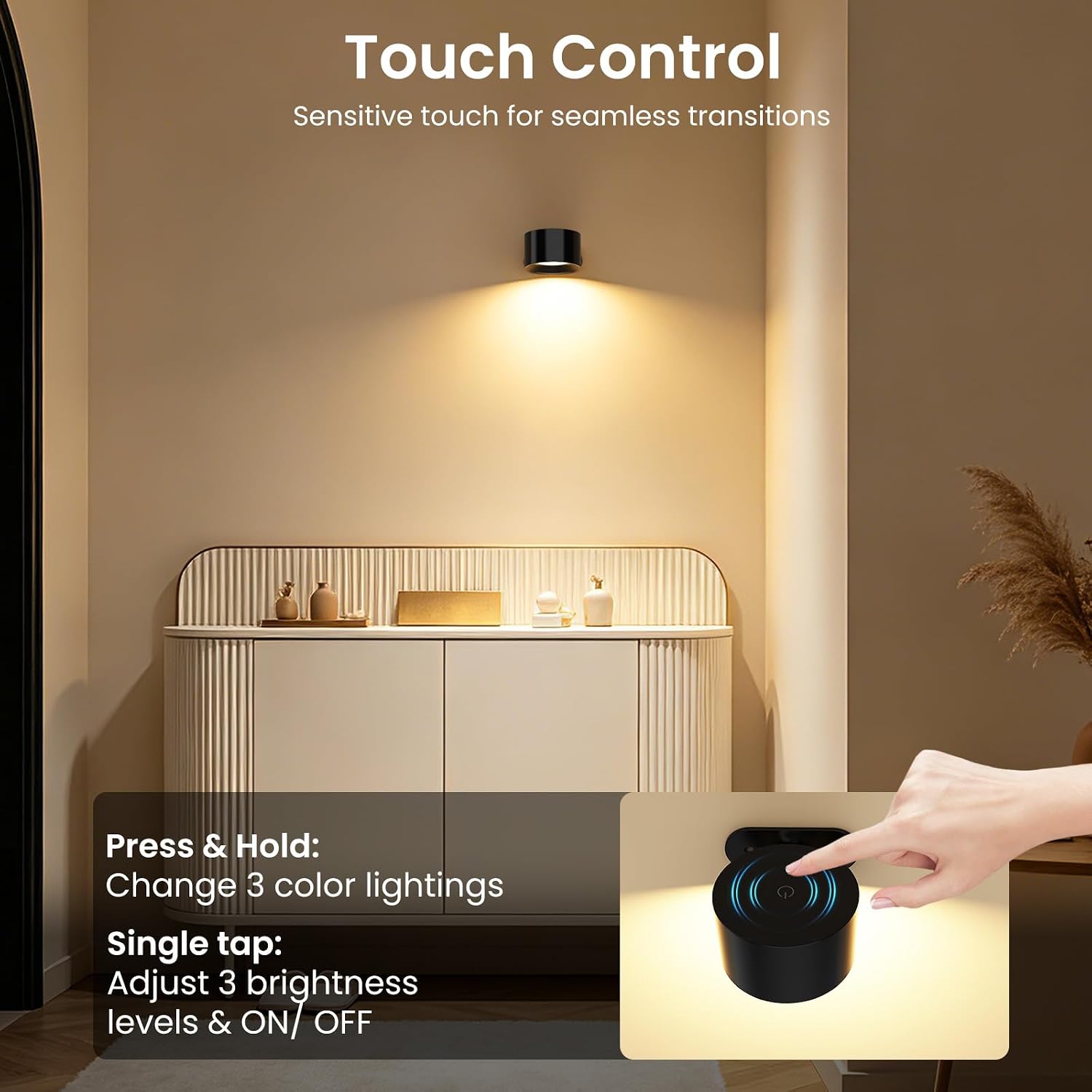 Koopala 2PCS Rechargeable Battery Operated LED Wall Lamps, Wall Mounted Lights with 3 Brightness 3 Color Temp Removable Charging 360°Rotate Magnetic, Cordless Wall Sconces for Reading Bedside-Black