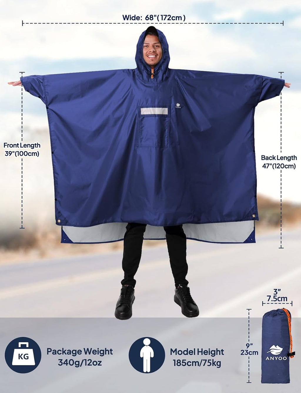 ANYOO Hooded Rain Poncho for Adult Waterproof Lightweight Raincoat