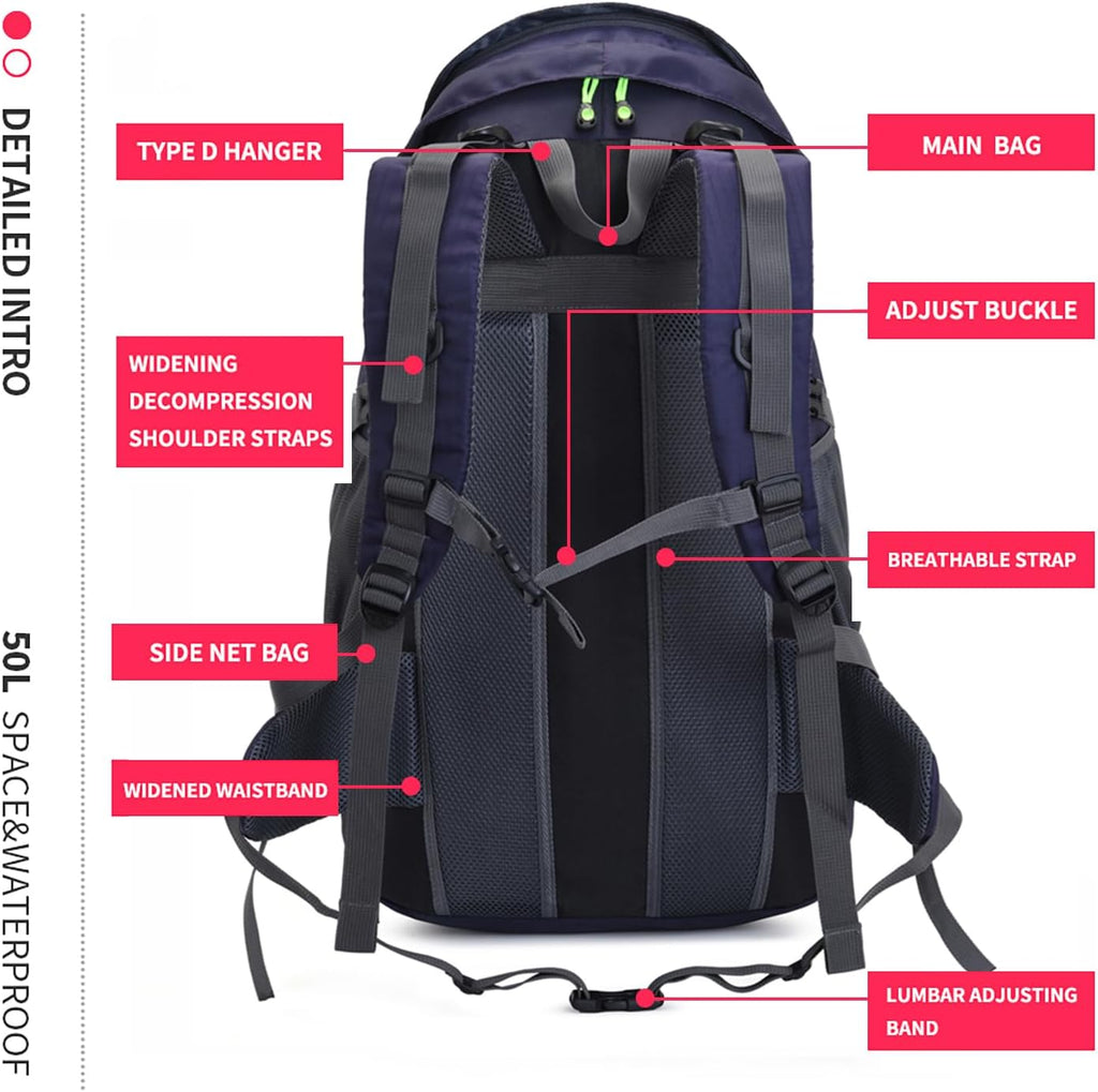 Bseash 50L Hiking Backpack, Water Resistant Lightweight Outdoor Sport Daypack Travel Bag for Camping Climbing Skiing Cycling (Dark Purple - With Shoe Compartment)