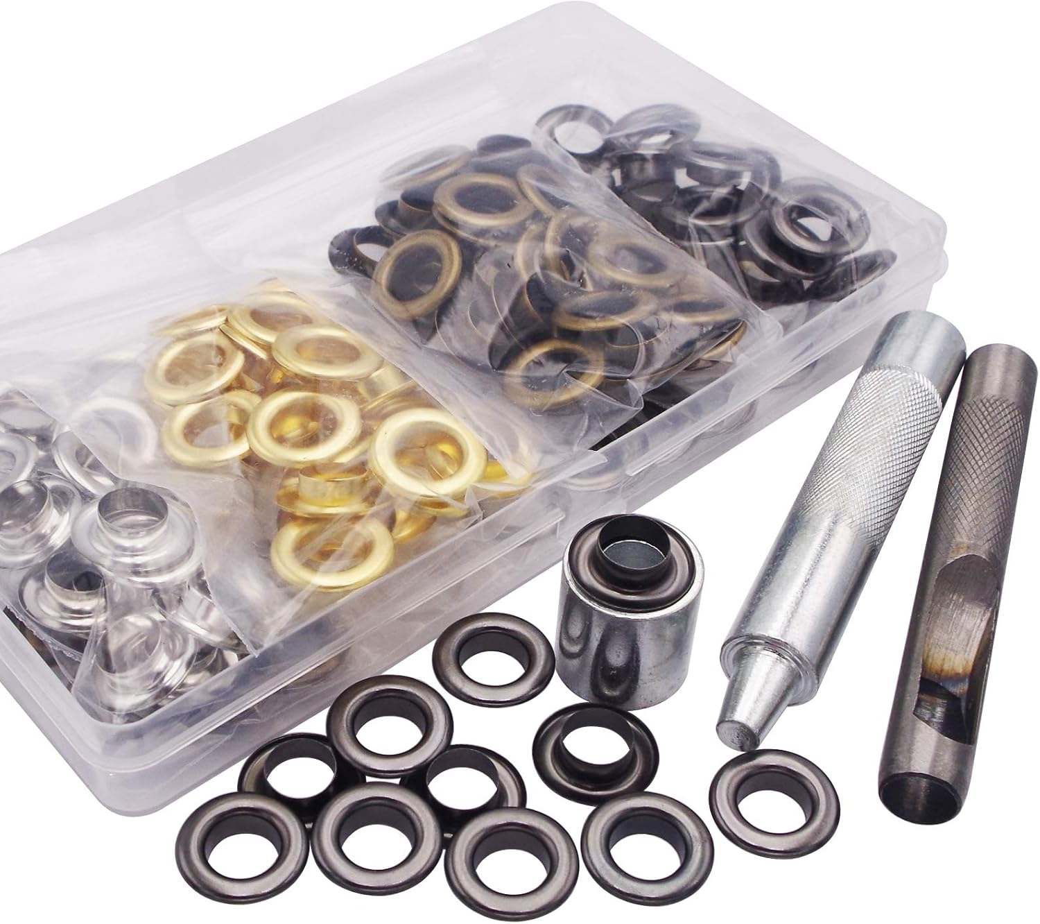 Wolfride 100 Sets Brass Grommet kit 10mm 3/8" Inside Diameter Canvas Fabric Grommet Kit Tarp Eyelet kit (4 Colors)