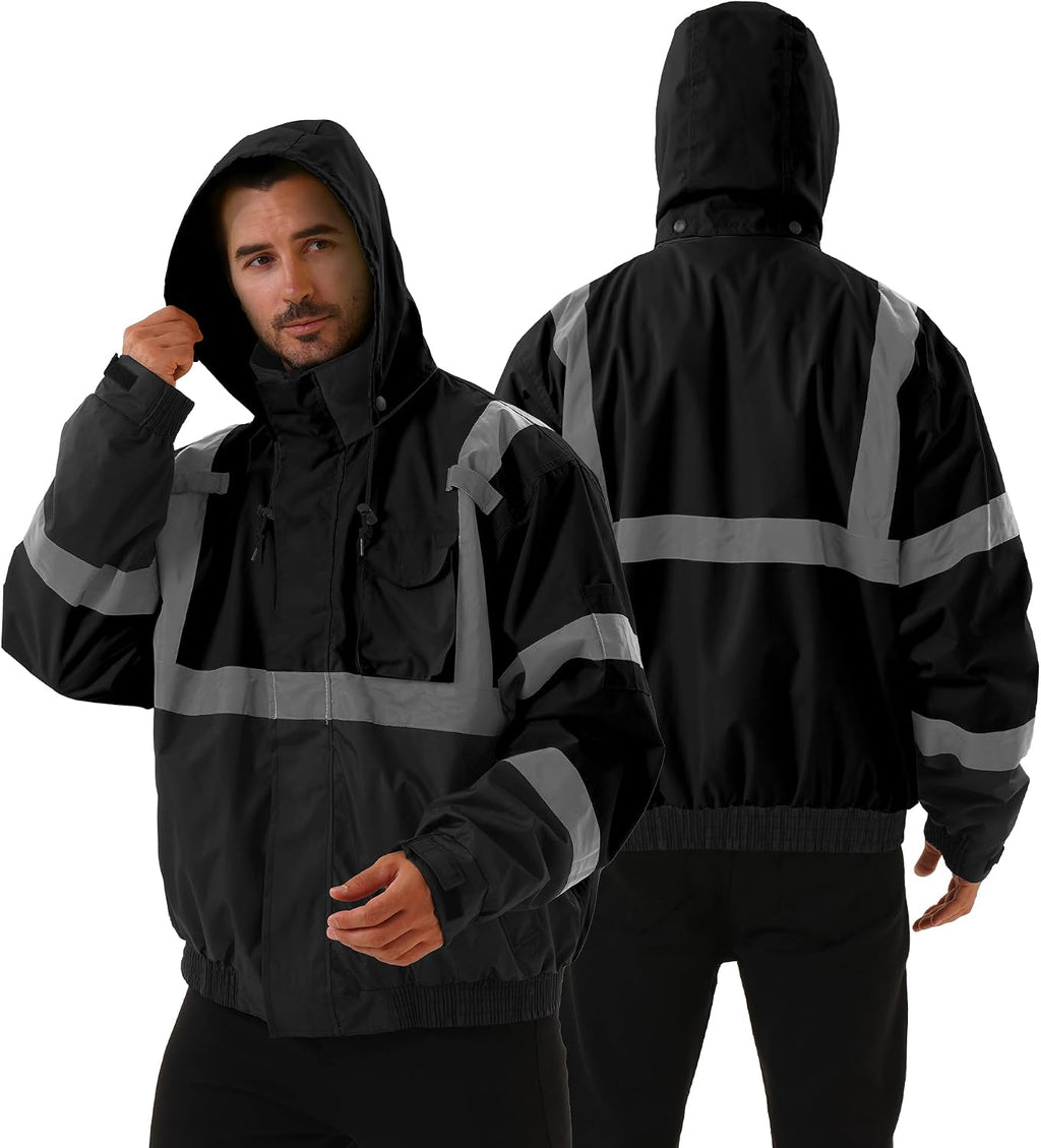 3 in 1 Safety jacket,Reflective high Visibility Hooded jacket,Hi Vis Bomber Jacket shell and fleece lining,Waterproof,ANSI Class 3 Black,Small