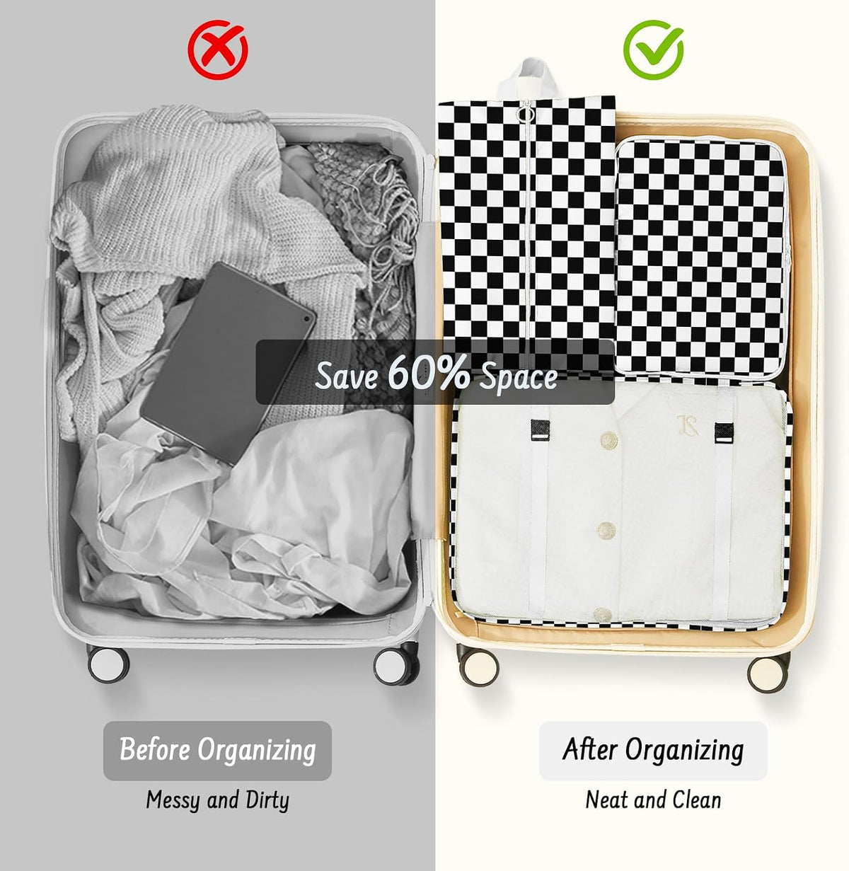 9 Set Packing Cubes for Travel Essentials - Lightweight Carry-On Luggage Organizer Bags with Shoe, Clothes & Laundry Bags for Airplane, Family & Business Travel, Black checkered