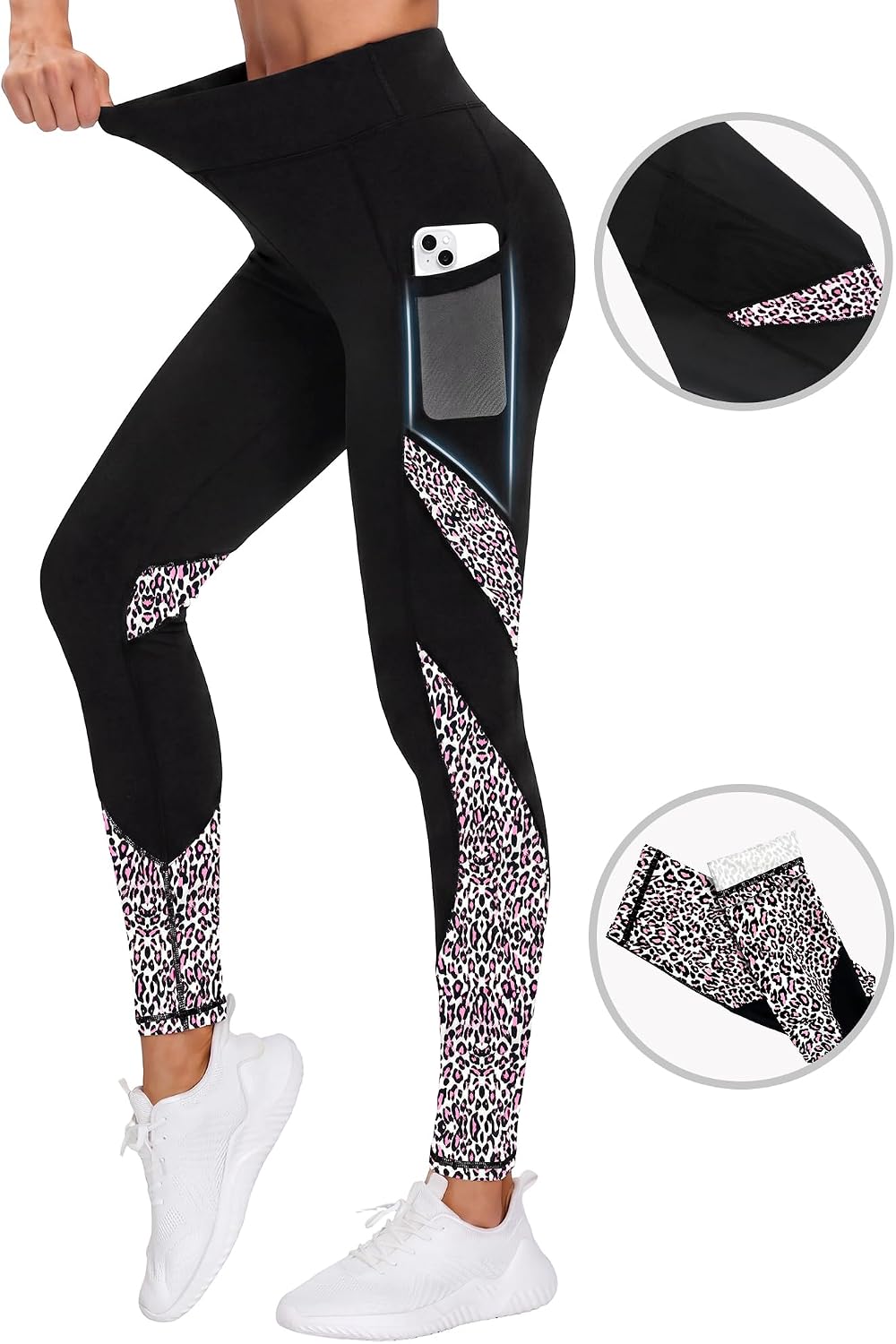 Women's High Waisted Yoga Leggings - Leopard Block Print Phone Pockets Tummy Control Workout Casual Pants