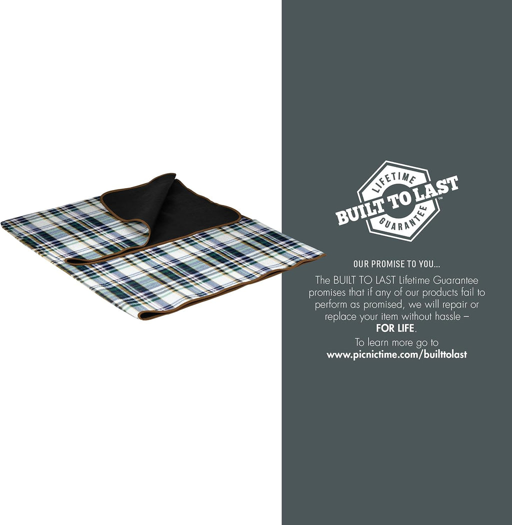 PICNIC TIME Outdoor Picnic Blanket Tote, 59"x51" Foldable Beach & Camping Blanket with Soft Fleece, Water-Resistant Bottom, Adjustable Strap & Zippered Pocket (English Plaid, Beige Flap)