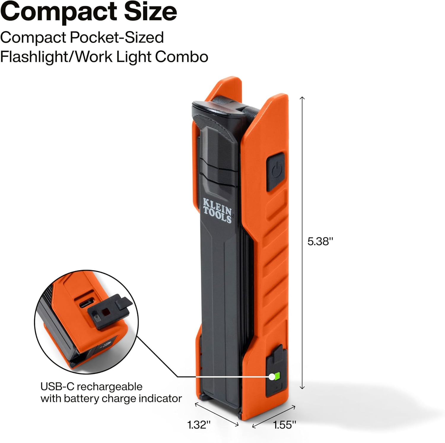 Klein Tools 56073 Foldable Handheld Work Light, 500-Lumen LED with 180-Degree Pivot and 270-Degree Rotation, USB-C Rechargeable Flashlight with Built-In Spotlight, Magnetic Base, IP54-Rated