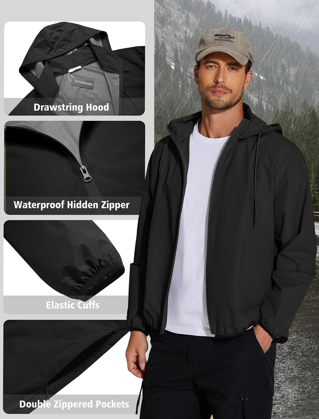 COOFANDY Men's Light Rain Jacket Packable Waterproof Raincoat Windbreaker