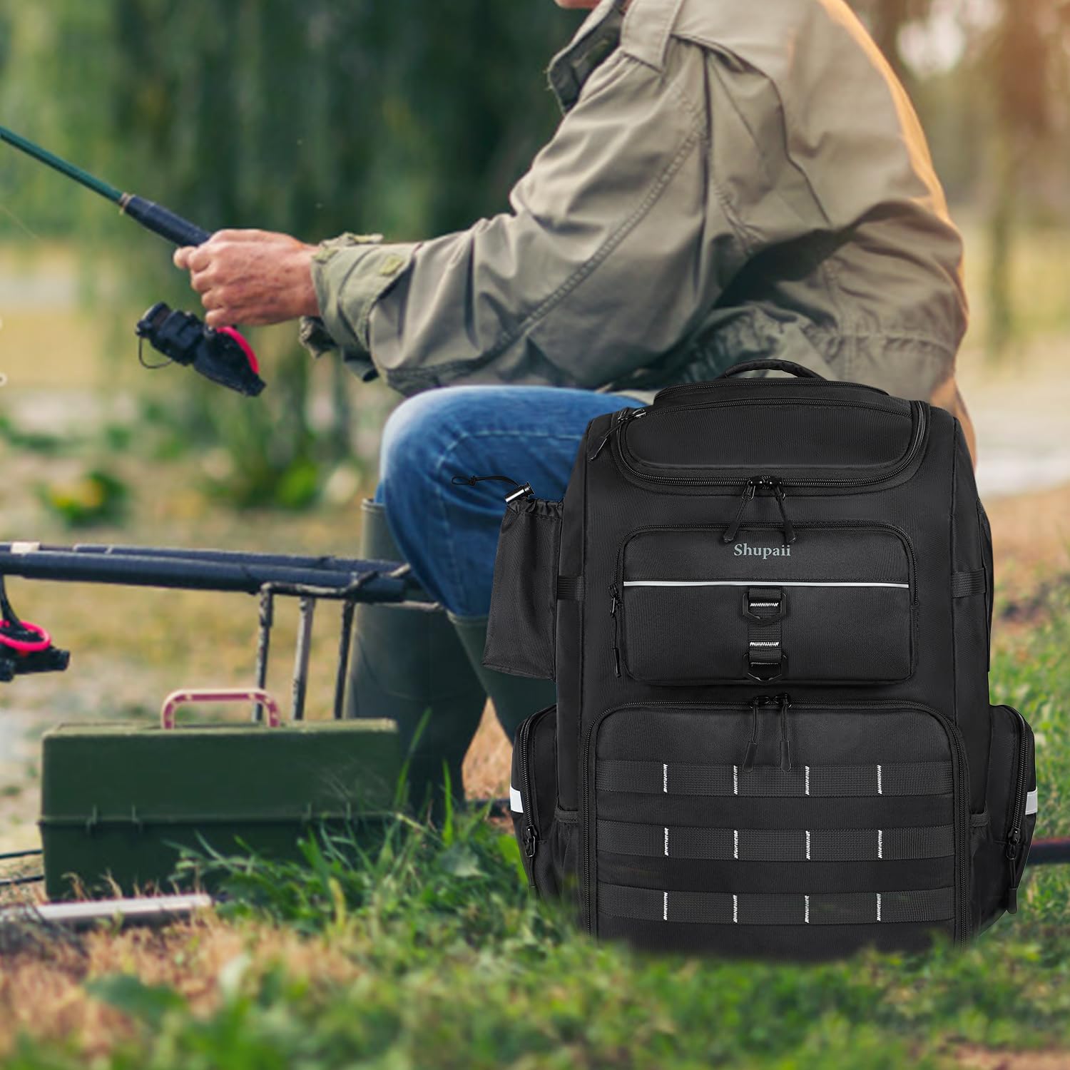 Fishing Backpack with Rod Holder, 45L Capacity Tackle Storage Bag
