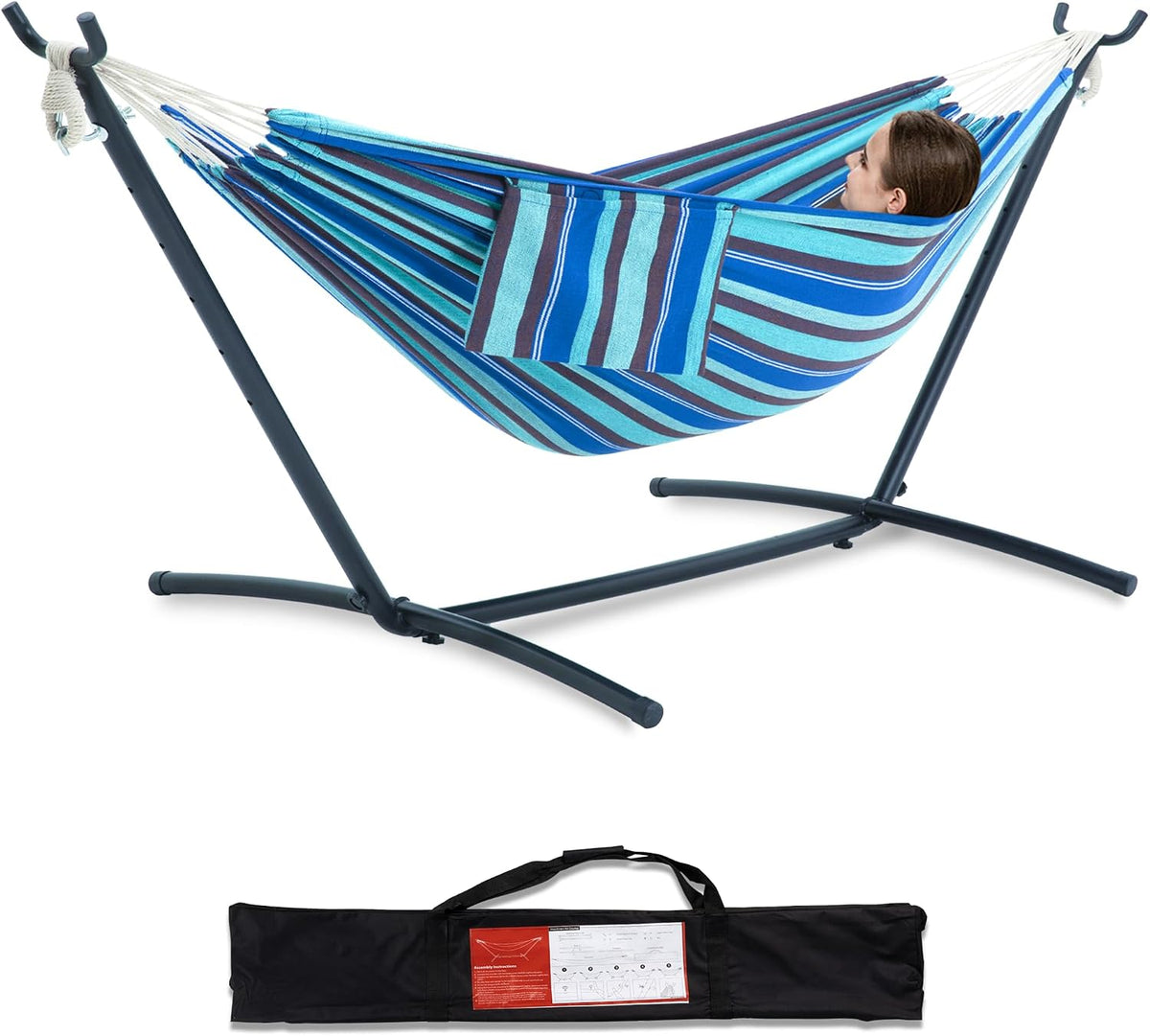 Double Hammock with Stand for Outside, Heavy-Duty, Portable (Blue Lagoon)