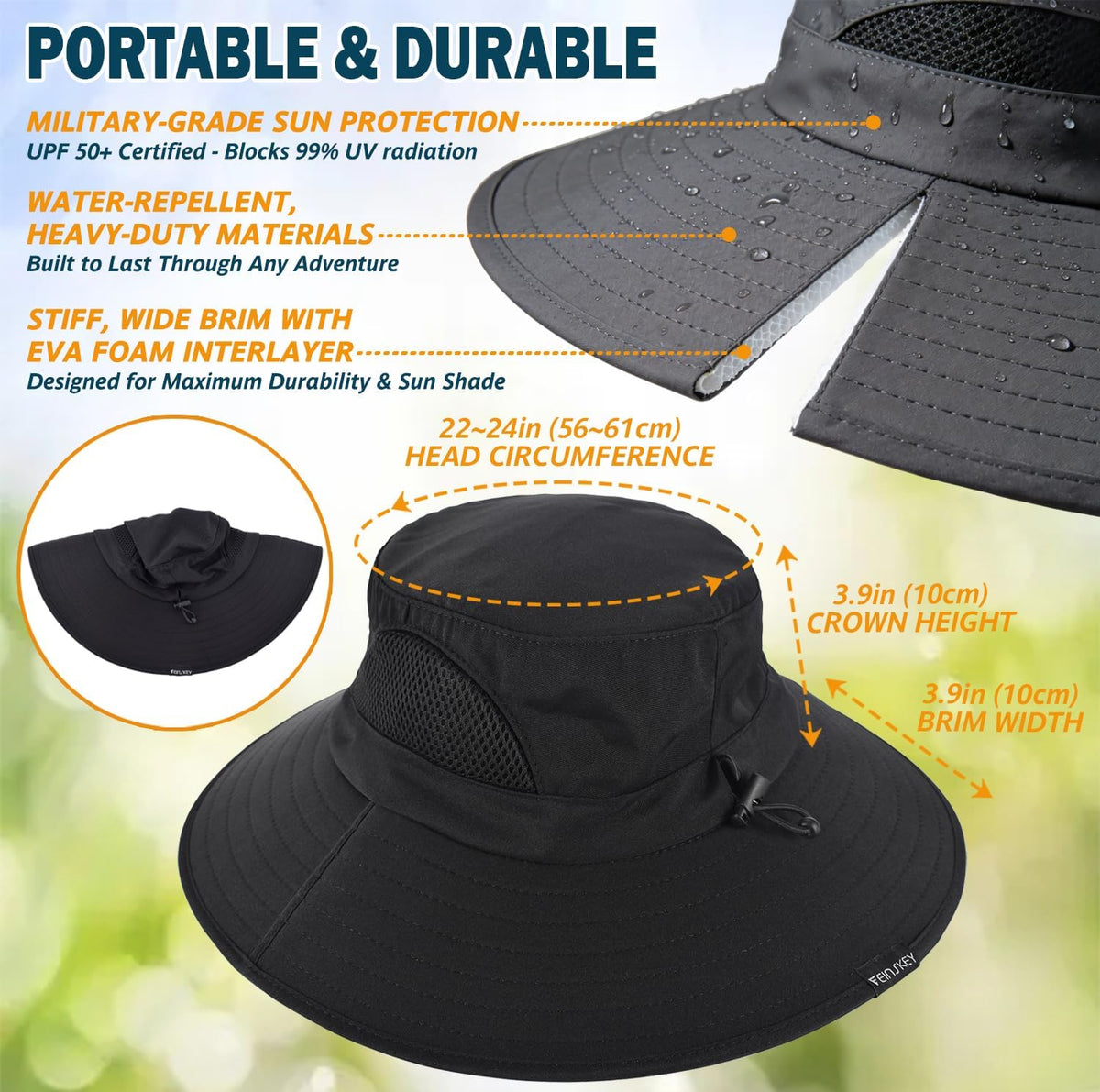 Wide Brim Sun Bucket Hat, Waterproof Boonie Hat for Men & Women