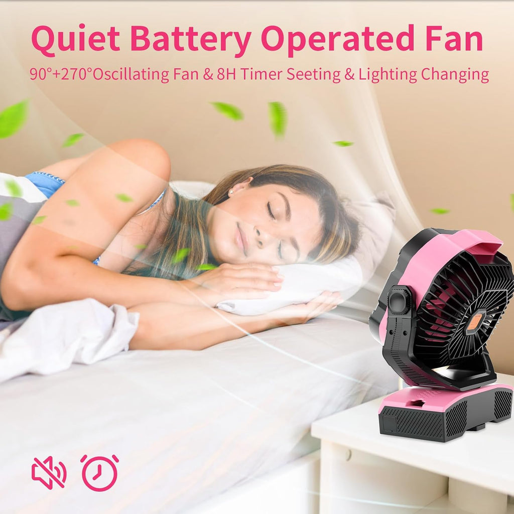 WESTTREE Camping Fan Oscillating Portable Fan 20000mAh Battery Powered Fans Rechargeable Camping Tent essentials Light Hook 270° Pivot USB Desk Outdoor Battery Operated X68 Pink
