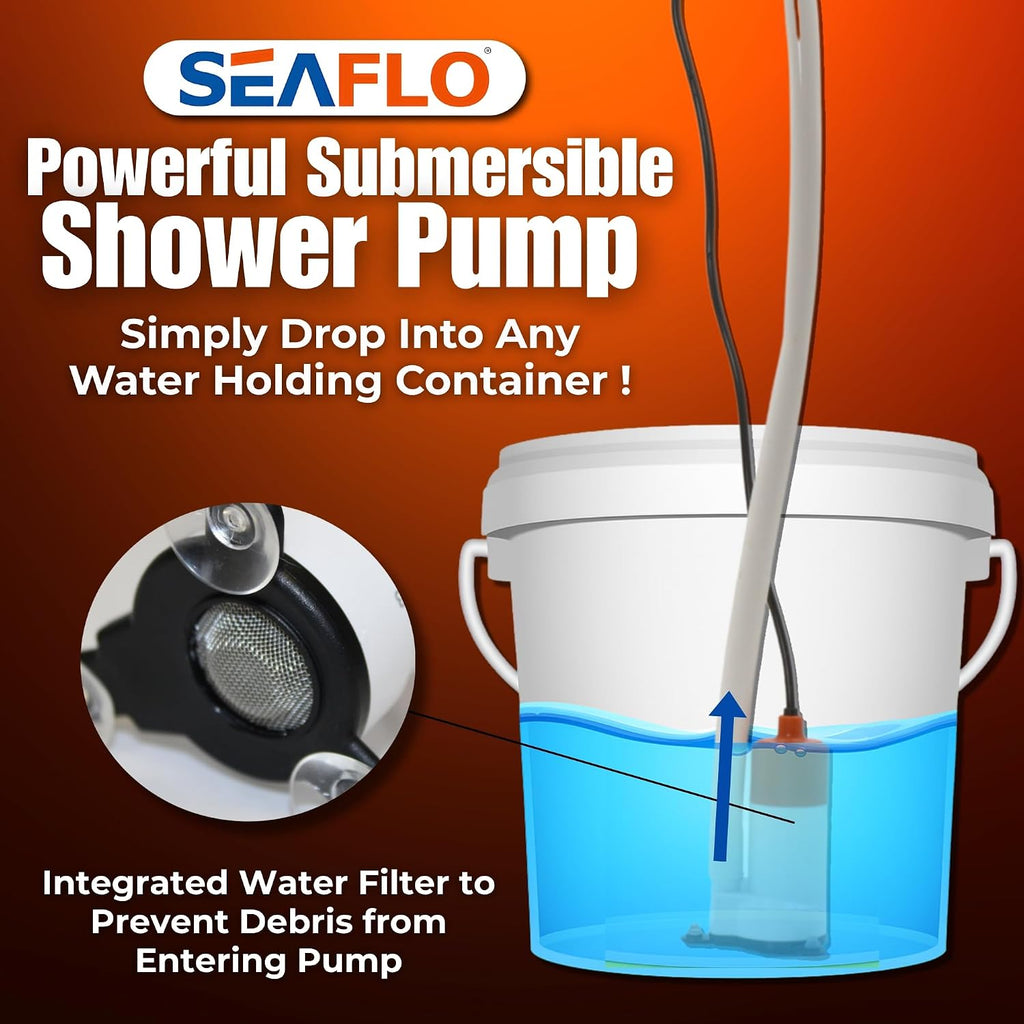 SEAFLO Portable Camping/Outdoor Shower, Rechargeable Battery, 2.64 Gallons Per Min, 40-Minute Runtime Outdoor Camping Pet Washing, Type-C Charging, 80" Hose (with or Without 2.6 Gallon Bucket)