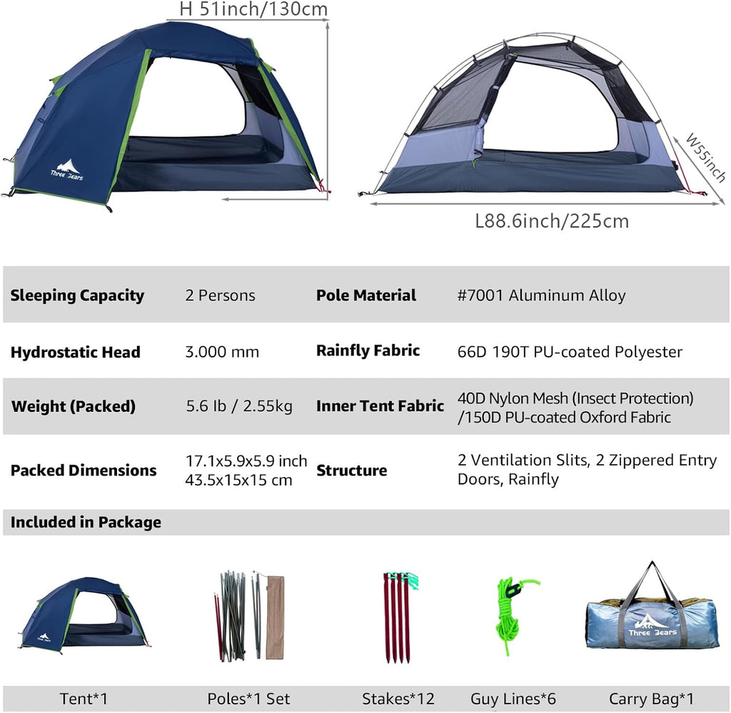 ThreeBears 2-Person Camping Tent, Waterproof & Windproof Lightweight Backpacking Tent for Hiking, Camping, Mountaineering & Travel - Durable & Easy Setup