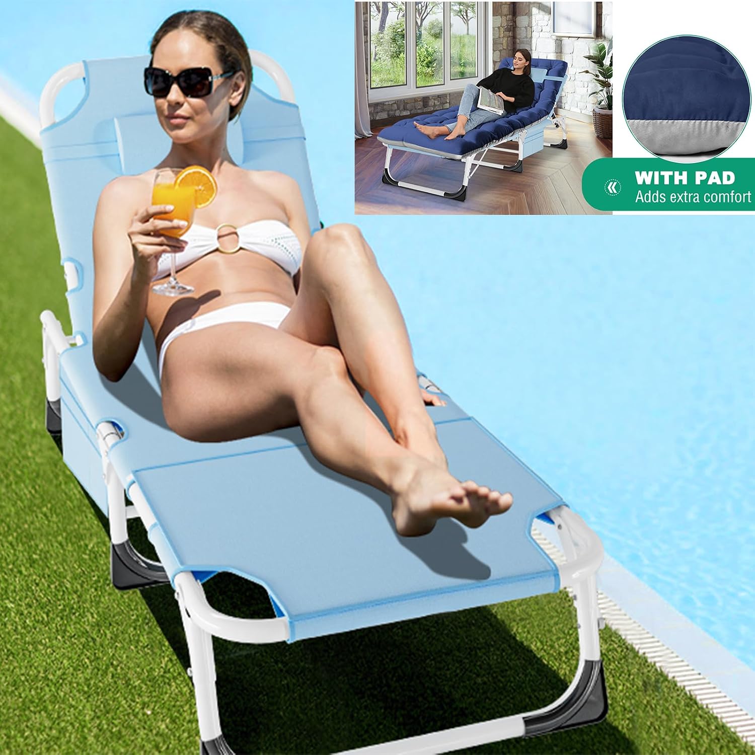 LILYPELLE Folding Chaise Lounge Chair with Pad, Patio Sun Tanning Chair