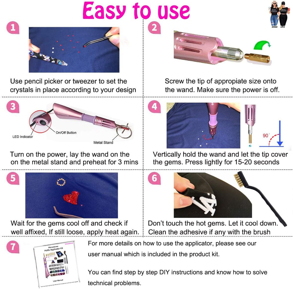 esseelove Hotfix Applicator, DIY Hot Fix Rhinestone Setter, Hot Fixed Wand Kit, 4536 Pcs, AB, Clear, 12 Colors, Gem Picker, Brush, Trays, Bag, Bedazzler Kit with Rhinestones